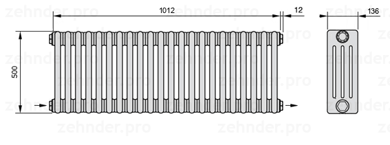 Схема (чертеж) Радиатор Zehnder Charleston 4050/22 №2670 Белый глянцевый RAL 9016